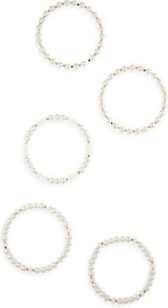 Tasha Set of 5 Faux Pearl & Crystal Beaded Stretch Bracelets in Ivory/Crystal at Nordstrom Rack