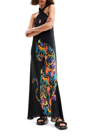Desigual Jungle Design Halter Neck Maxi Dress in Black at Nordstrom, Size Medium