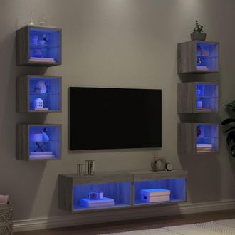 vidaXL Vidaxl - Muebles Tv Pared Con Led 8 Pzas Madera Ingenier&iacute;a Gris Sonoma