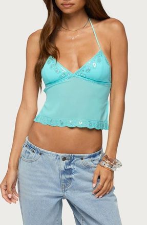 Edikted Allise Sequin Open Back Crop Halter Top in Turquoise at Nordstrom, Size X-Large