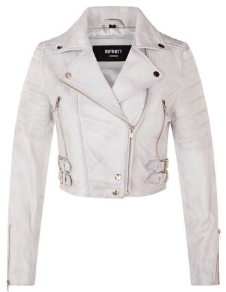 Infinity Leather Womens Brando Cropped Jacket-Longtown - White Lamb Leather - Size 16 UK