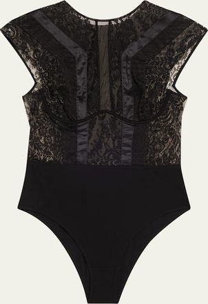 Livy Macy Cap-Sleeve Lace & Satin Bodysuit