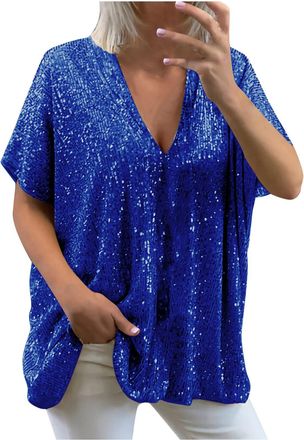Generic Sequin Tops for Women UK Loose Sexy Deep V Neck Short Sleeve Glitter Sequin T Shirts Plus Size Fashion Solid Sparkly Blouses Evening Party Club Tee Sh