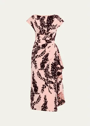 Lela Rose Flocked Taffeta Pleated Drape Midi Dress
