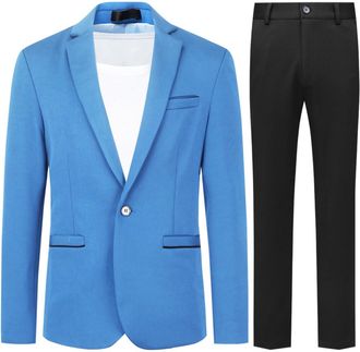 AlltheMen Mens 2 Pieces Suit Casual 1 Button Dress Suits Solid Color Stylish Wedding Dress Suit Blue (Black Pants) XXL