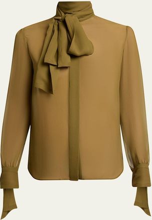 Saint Laurent Lavalliere Silk Long-Sleeve Blouse