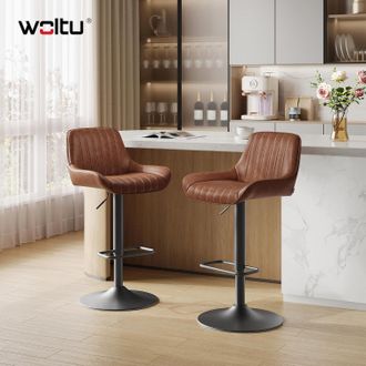 Woltu Woltu Juego De 2 Taburetes De Bar - Taburetes Altos De Cocina De Piel Sint&eacute;tica Encerada Con Respaldo, Giratorios Y Regulables - Marr&oacute;n