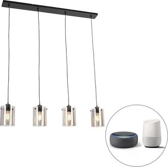 QAZQA Dise&ntilde;o L&aacute;mpara Colgante Inteligente Negra Con Cristal Ahumado Incl. 4 Wifi St64 - Dome Vidrio /acero Alargada Adecuado Para Led Max. 4 X 7 Watt - Qazq