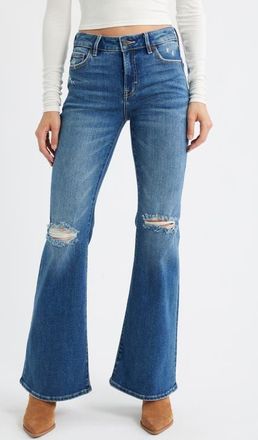 Hidden Jeans Ripped Mid Rise Flare Jeans in Dark Wash at Nordstrom, Size 24