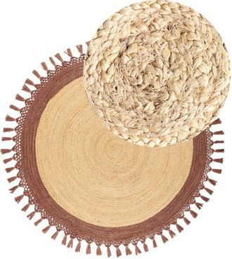 Beliani Beliani - Alfombra Boho R&uacute;stica Redonda 140 Cm De Yute Natural Trenzado A Mano Beige Y Marr&oacute;n Marts