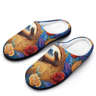 Generic Sloth Flowers Womens Slippers Warm House Slippers Indoor House Shoes with Anti-Skid Rubber Sole