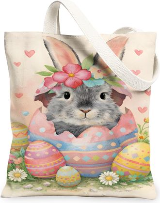 Generic Easter Floral Canvas Tote Bags, Cute Bunny Design Reusable Shopping Bags, Spring Vintage Lightweight Washable Shoulder Stra, Multicolor, 13x15 Inch