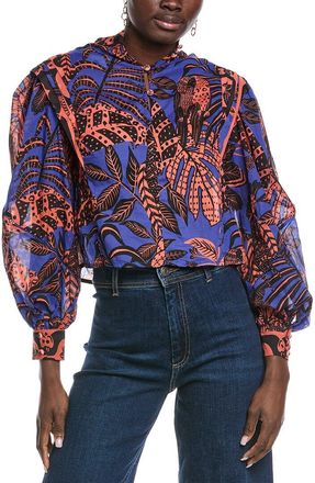 Farm Rio Tropical Gold Blue Pleated Long Sleeve Blouse