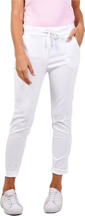 Crazy Girls c2pwear Womens Floral Rose Printed Denim Pants Turn Up Italian Trousers Ladies Ribbed Waistband Drawstring Pants White UK 14