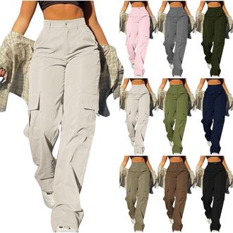 Generic Cargo Pants for Women UK Y2k Baggy Elastic High Waist Wide Leg Workwear Trousers Solid Color Casual Relaxed Hiking Walking Combat Streetwear Outdoor S