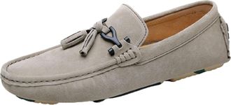 Generic Mens Loafers Shoe Tassel Suede Vamp Genuine Leather Stitching Details Round Toe Flexible Comfortable Resistant Flat Heel Anti-Slip Casual Slip On(Khak