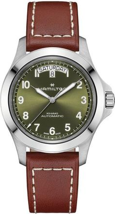 Hamilton Khaki Field Automatic Leather Strap Watch in Green at Nordstrom