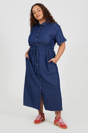 Brave Soul Womens Indigo Curve Short Sleeve Chambray Midi Shirt Dress - Indigo Blue - Size 22 UK