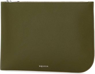 Alexander McQueen Mens Olive Green Leather Large Sling Pouch Militarysilver Beauty Case