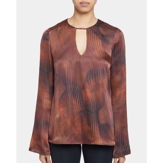 Santorelli Noa Long Sleeve Keyhole Silk Blouse in Abstract Printed Silk Blend in Hickory Brown at Nordstrom, Size 40 Long