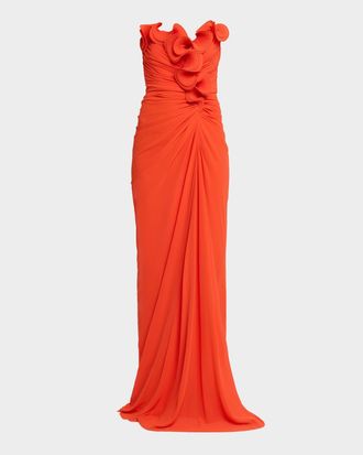 Badgley Mischka Strapless Ruched Georgette Gown