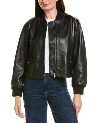 Neiman Marcus Cropped Zip Front Leather Bomber Jacket