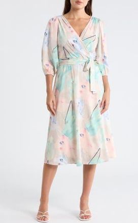 DKNY Balloon Sleeve Faux Wrap Midi Dress in Hudson Floral Moonlight Multi at Nordstrom Rack, Size 18 (Similar To 14W)