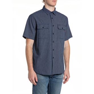 Replay Indigo Micro Check Shirt - Heren - Korte mouwen Overhemden - Blauw - L - Katoen - Overhemden