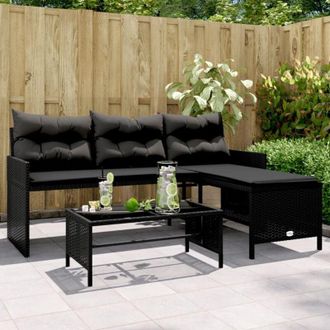 vidaXL Vidaxl - Divano da Giardino con Tavolo e Cuscini a l Nero in Polyrattan