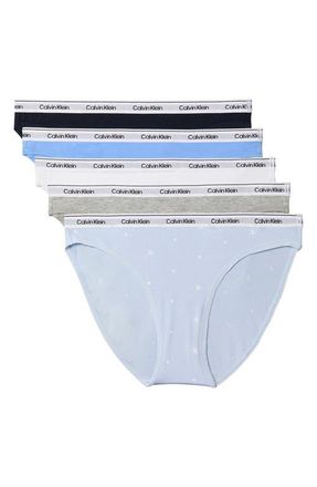 Calvin Klein Assorted 5-Pack Logo Bikinis in Shoreline/blue/white/grey at Nordstrom, Size X-Large