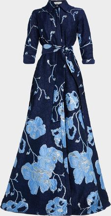 Teri Jon A-Line Metallic Jacquard Shirt Gown
