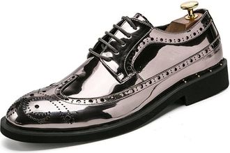 Generic Dress Oxford Shoes for Men Lace Up Brogue Embossed Wing tip Shiny Derby Shoes Vegan Leather Low Top Slip Resistant Anti-Slip Party(Silver,6.5 UK)