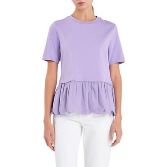 English Factory Mixed Media Scallop Peplum Cotton Top in Purple at Nordstrom Rack, Size X-Small