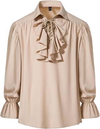 Generic Mens Casual Lace Up Shirt Mens Ruffle Shirt Medieval Retro Performance Halloween Clothes Solid Color Lace Up Puffy Sleeved Casual Tall Shirts (Khaki, 