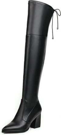Generic Womens Over-The-Knee Elastic Boots, Slip-On Pointed Toe & Block Heel, Versatile for Work and Leisure,Black,5.5 UK