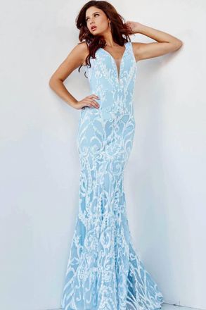Jovani Elaborate Metallic Sequined Off Shoulder Gown In Light Blue