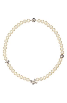 Tory Burch Moondance Pav&eacute; Flower & Faux Pearl Necklace in Tory Silver /Pearl /Crystal at Nordstrom