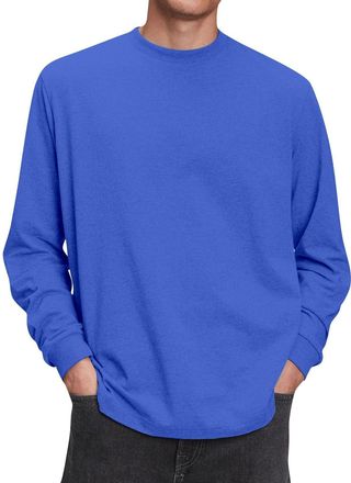 Generic Long Sleeve T Shirt Mens Cotton Loose Fit Plain Crew Neck Tshirt Breathable Cool Workout Running Basic Pullover Tee Clothes, Blue, 5XL
