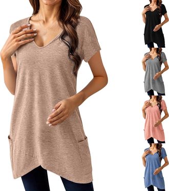Generic T-Shirt Womens Elegant Oversize T-Shirt V Neck Blouse with Pocket Summer Casual Basic Top Short Sleeve Tops Loose T-Shirt Sports Shirt Women Long Shir