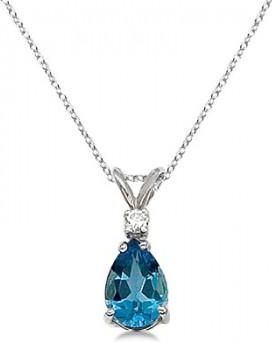 Allurez Pear Blue Topaz & Diamond Solitaire Pendant Necklace 14k White Gold