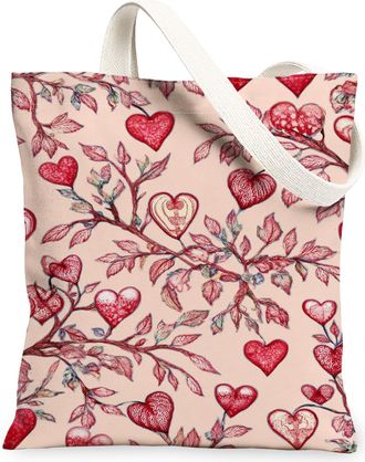 Generic ValentineS Day Hearts Canvas Tote Bags, Floral Love Pattern Reusable Shopping Bags, Lightweight Washable Shoulder Strap Ca, Peach, 13x15 Inch