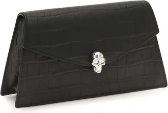 Alexander McQueen Womens Mini Skull Clutch Black-Silver Calf Leather Bos Taurus Clutches Black/silver