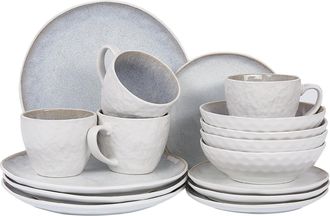 Beliani Conjunto De 16 Piezas De Gres Gris Claro Vajilla 4 Personas A Mano Esmalte Sesame