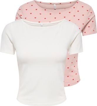 Only Kurzarmshirt ONLY ONLSUSAN SHORT S/S 2 PACK TOP CS JRS, Damen, Gr. XL, cloud dancer pack:rose smoke with hearts, Jersey, Obermaterial: 95% Baumwolle, 