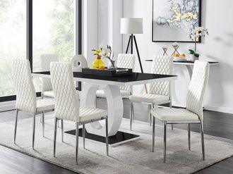 Furniturebox Giovani Rectangular 6 Seat White High Gloss Unique Halo Dining Table Black Glass Top 6 Faux Leather Silver Leg Milan Chairs