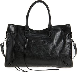 Balenciaga Large Le City Crinkled Leather Tote in 1000 Black at Nordstrom