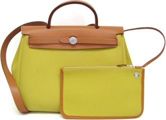 Herm&egrave;s Herbag Zip Verso Leather And Toile Yellow Canvas Handbag (Pre-Owned)