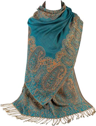 World of Shawls Ladies Paisley Bordered Pashmina Feel Shawl Scarf Wrap Stole Luxuriously Warm Soft Vibrant (Sea Turquoise and Sand Beige)