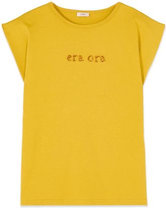 Oltre T-shirt met geborduurde letters - Dames - T-shirts - Geel - XS - Katoen - Tops