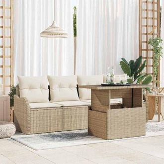vidaXL Conjunto De Sof&aacute; De Jard&iacute;n 5 Pcs Beige Rattan De Poli&eacute;ster